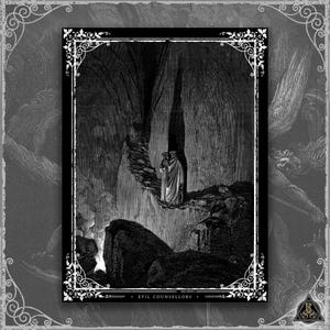 May include: Black and white illustration of two figures in flowing robes standing on a rocky ledge within a cavern. The image is framed with a decorative border and includes the text "EVIL COUNSELLORS".