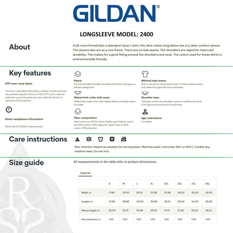 May include: A size chart for a Gildan long-sleeve t-shirt, model 2400. The chart shows measurements in inches for width, length, sleeve length, and size tolerance. The chart also includes information about the fabric composition, care instructions, and age restrictions.