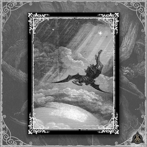 Puede incluir: Ilustración en blanco y negro que representa una figura alada cayendo del cielo, rodeada de nubes y rayos de luz. La obra de arte está enmarcada con un borde ornamentado, creando una estética gótica o fantástica. La imagen evoca temas de caída y lucha.