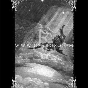 May include: A black and white illustration of a winged creature flying through the clouds. The creature is depicted with a long, flowing tail and large, outstretched wings. The background is a dark sky with stars visible.
