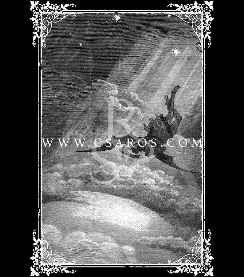 May include: A black and white illustration of a winged creature flying through the clouds. The creature is depicted with a long, flowing tail and large, outstretched wings. The background is a dark sky with stars visible.