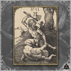 May include: A vintage-style print depicting a muscular figure wielding an axe over another person. The artwork is in black and white, with the year "1511" at the top. The image has a decorative border.
