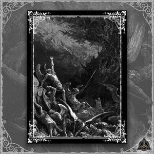 May include: Black and white illustration depicting a dramatic scene with figures, wings, and a spear. The artwork is framed with a decorative border. The image evokes a sense of conflict and struggle, possibly from a historical or mythological context.