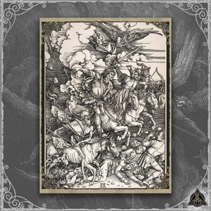 May include: A black and white vintage print depicting a chaotic battle scene with figures on horseback, angels, and fallen soldiers. The artwork has intricate details and is framed with an ornate border. The style is reminiscent of historical woodcut illustrations.