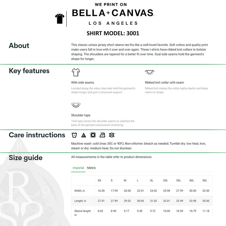 May include: A size chart for a unisex short-sleeve t-shirt. The chart shows measurements in inches for XS to 5XL sizes. The chart includes width, length, and sleeve length. The chart also includes care instructions for the shirt, which include machine washing, drying, and ironing.
