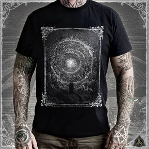 May include: Black t-shirt featuring a white graphic print of a swirling vortex of figures with a bright light in the centre. The text "THE EMPYREAN" is printed below the graphic.