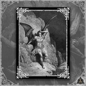 May include: Black and white illustration of a winged figure in armor, set against a rocky landscape. The figure has a pained expression, with one hand on their head. The artwork is framed with a decorative border, creating a vintage aesthetic.