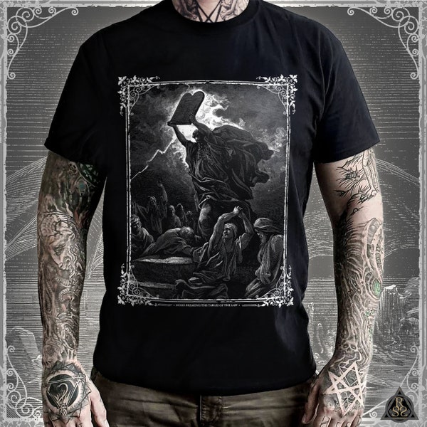 Gustave Doré T-Shirt - Moses Breaking the Tables of the Law | Classic 19th Century Bible Woodcut Engraving / Dark Gothic Clothing Tee