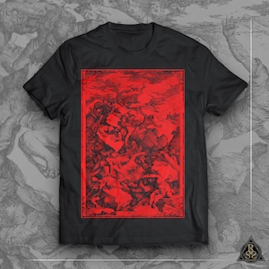 May include: Black t-shirt featuring a red graphic print of a vintage illustration depicting a chaotic scene of people in a fiery landscape.