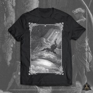 black tshirt with print of a masterfully engraved and illustrated scene of John Miltons poetic masterpiece Paradise Lost, by Gustave Doré