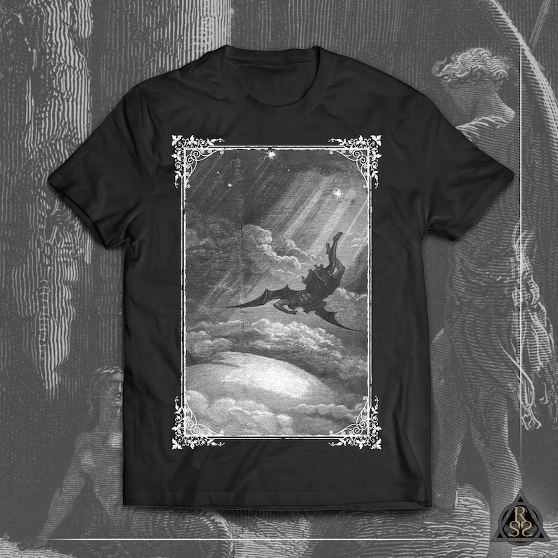 black tshirt with print of a masterfully engraved and illustrated scene of John Miltons poetic masterpiece Paradise Lost, by Gustave Doré