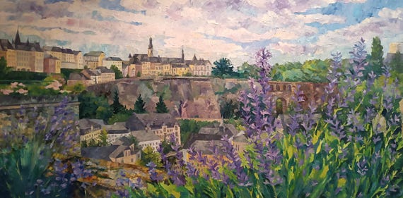 Lavender summer. Grund. Painting. Landscape. Old town. Oil painting. Canvas
