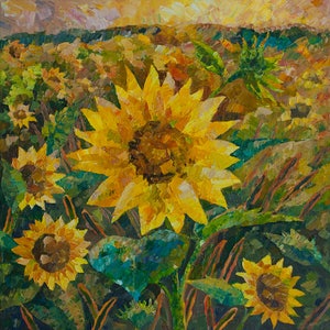 Sunflower Sunset  Field of sunflowers Painting original Oil on canvas Paletteknife Flower painting