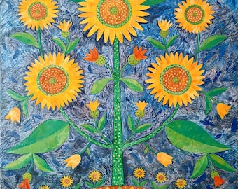 Girasol. Árbol de la Vida. Pintura al óleo. Arte floral para pared. Espátula.