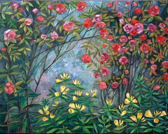 Rosas silvestres. Viejo jardín. Recuerdos de Eva. Pintura al óleo. Pintura exclusiva. Regalo de San Valentín.