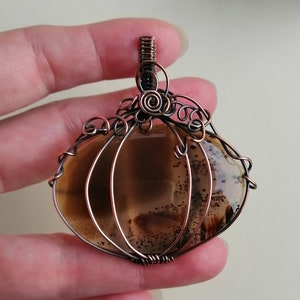 Montana Agate Pumpkin Wire Wrapped in Copper Pendant Necklace - Halloween Jewelry - Healing - Vintage Style