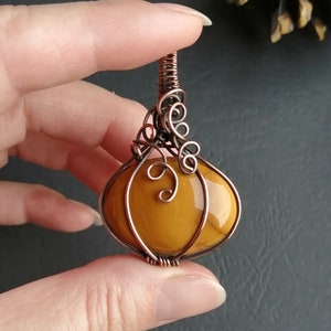 Yellow Mookaite Jasper Pumpkin Wire Wrapped in Copper Pendant Necklace - Halloween Jewelry - Vintage Style