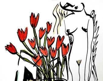 Original Art; Siamese Cat with Red Tulips and Angel in the May Garden