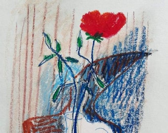 Drawing on paper; Red Rose in Glass Jug with Modern Chair Abstract Composition; chalk, pencil, ink, and oil pastel on paper.