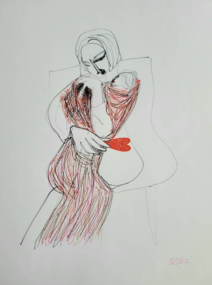 . Valentine, series work Mother and Newborn in Jan; various inks on lightweight paper; 12.0×8.75 inches; 2022.