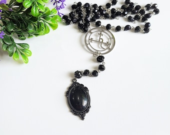 Lilith Sigil Gothic Rosary with Black Glass Beads, Skulls, and Roses | Witchy Necklace