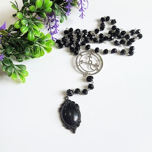 Lilith Sigil Gothic Rosary with Black Glass Beads, Skulls, and Roses | Witchy Necklace