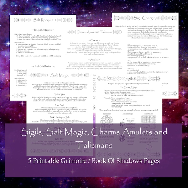 Sigils, Salt Magic, Charms Amulets & Talismans Witchcraft Basics Book Of Shadows / Grimoire Printable Pages