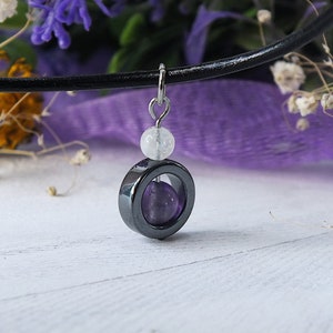 Amethyst & Moonstone Anxiety Relief Necklace - Spinning Hematite Fidget Jewelry for ADHD