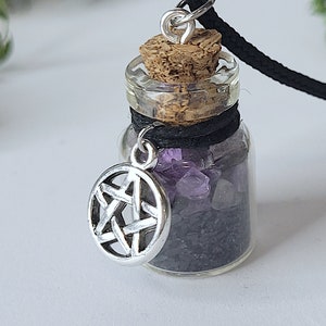 Protection Spell Bottle Amethyst, Black Salt & Pentacle Charm Necklace