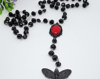 Black Moth Gothic Rosary with Dark Beads | Mothman-Inspired Necklace