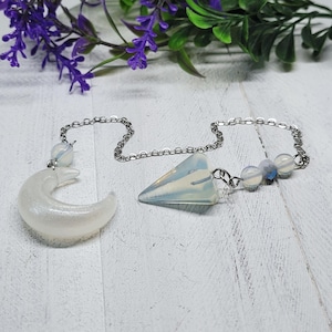 Enchanting Opalite Pendulum with Moon and Beads - Gothic Witchy Divination Tool
