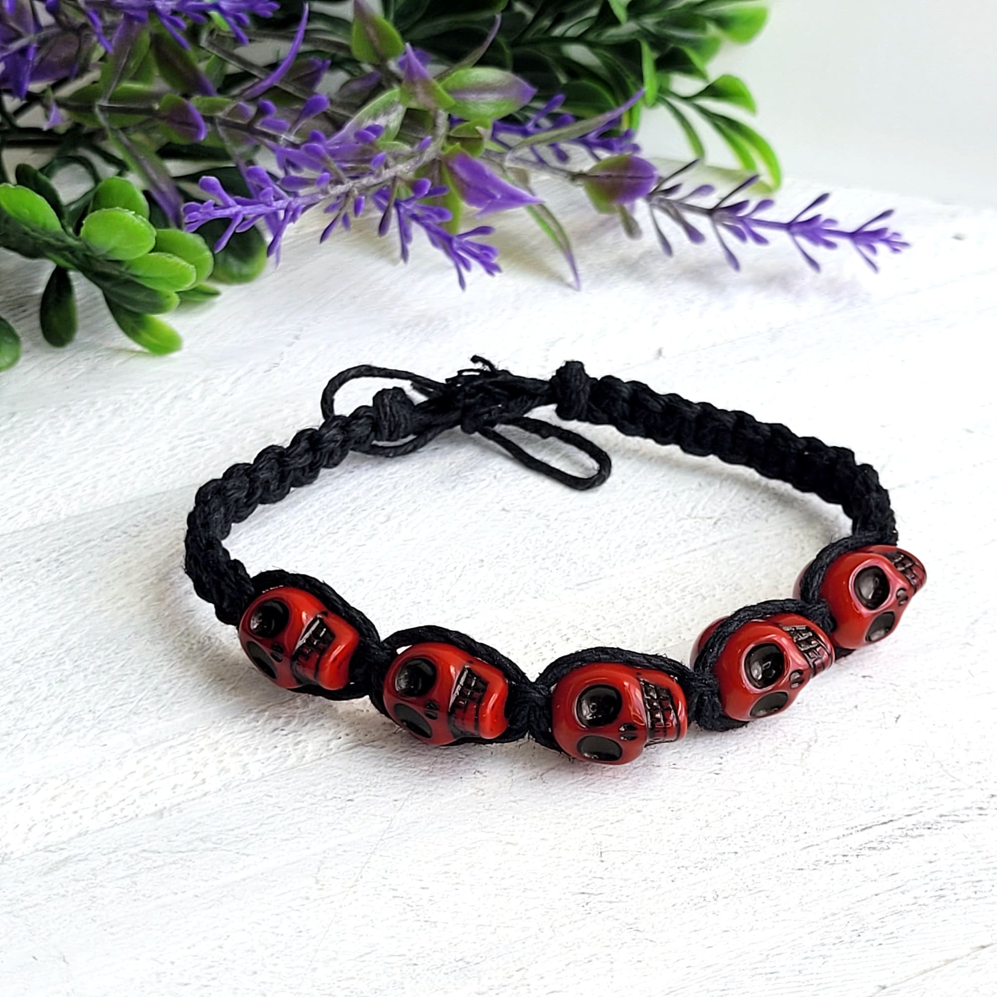 Handcrafted Macramé Red Skull Bracelet - Gothic Witchy Hemp Handcrafted Macramé Red Skull Bracelet - Gothic Witchy Hemp