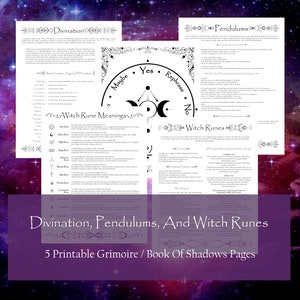 May include: Five printable pages for a grimoire or book of shadows featuring illustrations and text about divination, pendulums, and witch runes. The pages are black and white with a purple background.