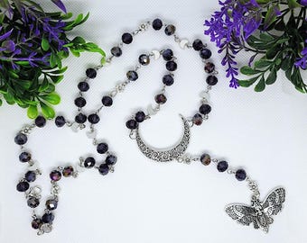 Death's Head Moth Rosary with Crescent Moon and Purple Glass Beads | Witchy Cottagecore Necklace