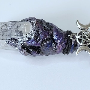 Clear Quartz Crystal Magic Wand - Hand-Painted Wood Wand with Triple Moon Charm