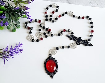 Vampire Bat Gothic Rosary with Red and Black Glass Beads and Silver Pentacles