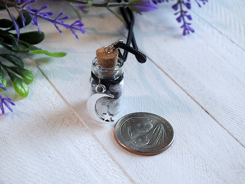 Sea Salt And Blue Sodalite Chips in a small Spell Bottle With Crescent Moon Charm Necklace on white wooden surface with purple flowers and green leaves in the background at top and a quarter next to it for size.