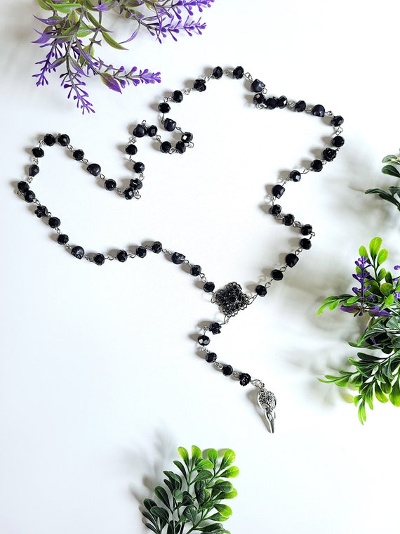 Crow Skull Gothic Rosary with Black Rose and Skull Beads | Witchy Y Necklace