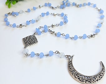 Blue Moon Rosary  / Gothic Rosary / Crescent Moon Y Necklace / Witchy Rosary