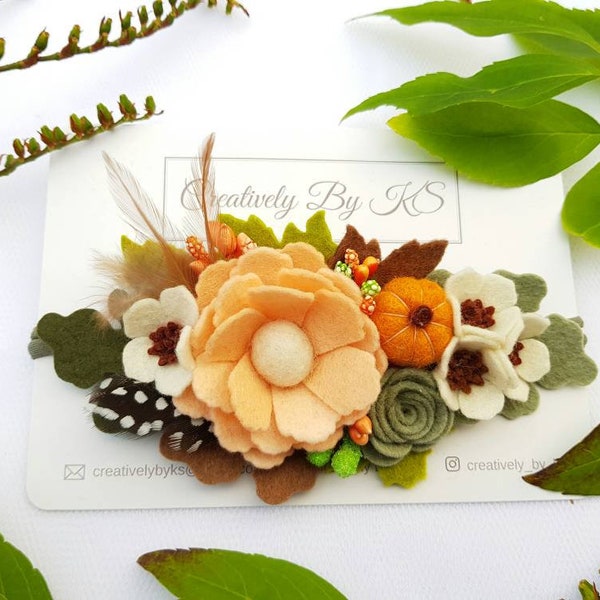 Creatively by KS Autumn floral hairband, pumpkin headband, girl nylon band, pale orange, ivory & green headband, felt flowers with feathers