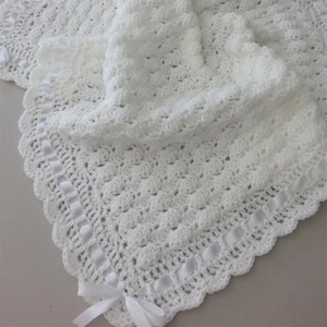 Crochet Baby Blanket  Christening Afghan, Handmade Crochet White Ivory Blanket, Satin Ribbon Baby Shower Gift, Newborn Baby Girl  Baby Boy