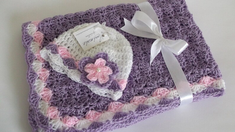 Baby Girl Blanket and Hat Lavender Pink White Afghan Baby Girl Shower Gift Handmade Crochet Baby Set