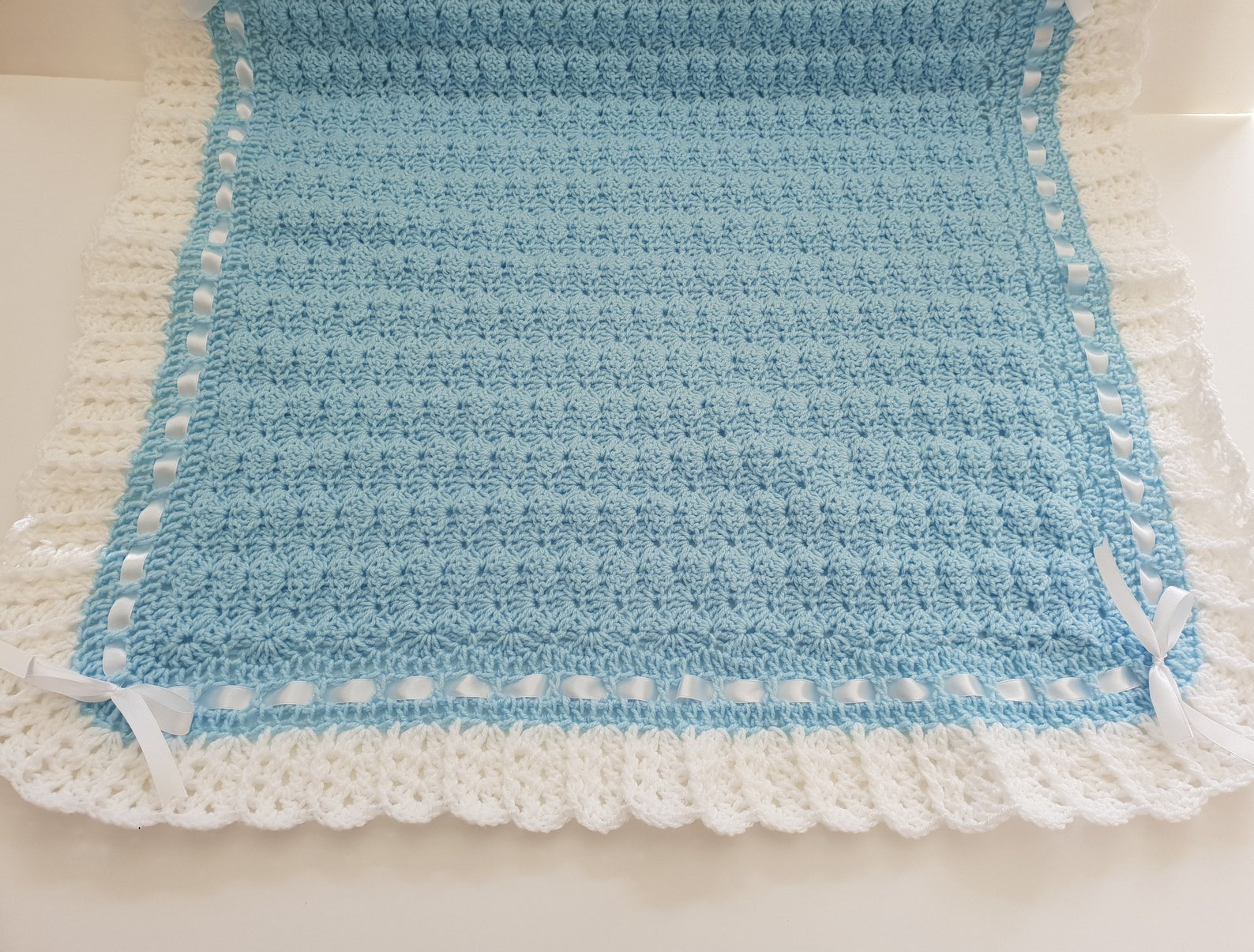 Crochet Baby Blue Blanket Handmade Crochet White Satin Etsy