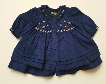 Vintage Baby Dress Navy Blue Embroidered Flower Baby Shower Gift Size 0-3 Months