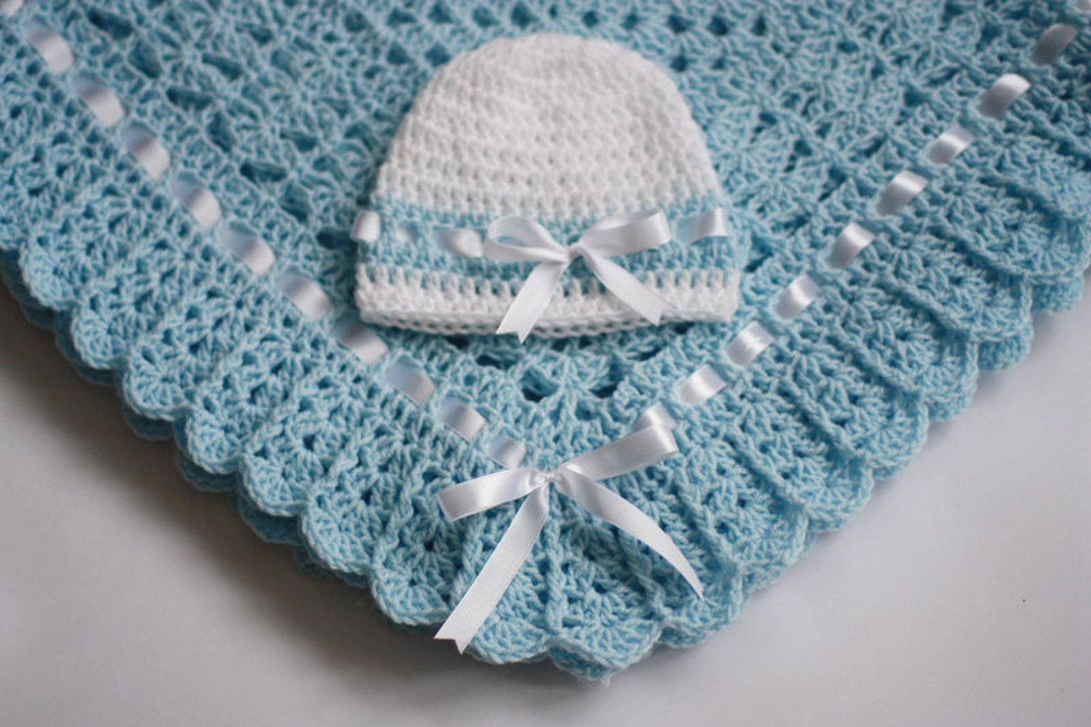 Crochet Baby Blanket and Hat Blue White Satin Ribbon Christening