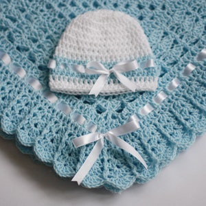 Crochet Baby Blanket and Hat Blue White Satin Ribbon Christening Baptism Granny Square Handmade Crochet Blanket, Baby Girl Set Shower Gift