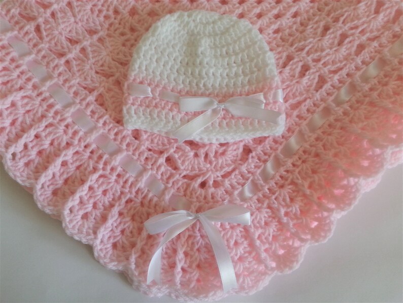 Crochet Baby Blanket and Hat Blue White Satin Ribbon Christening