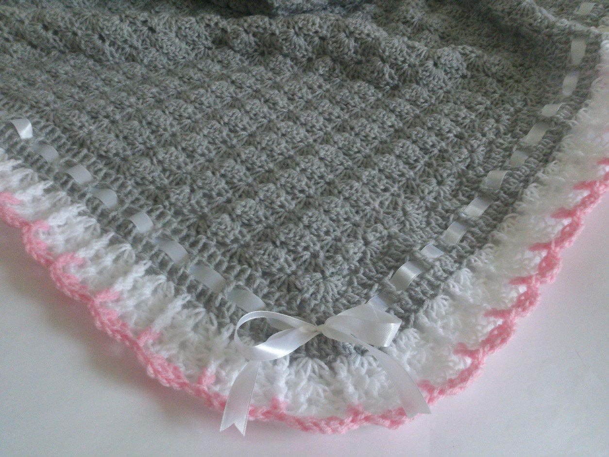 Crochet Baby Blanket, Handmade Crochet Baby Blanket Blue Gray White