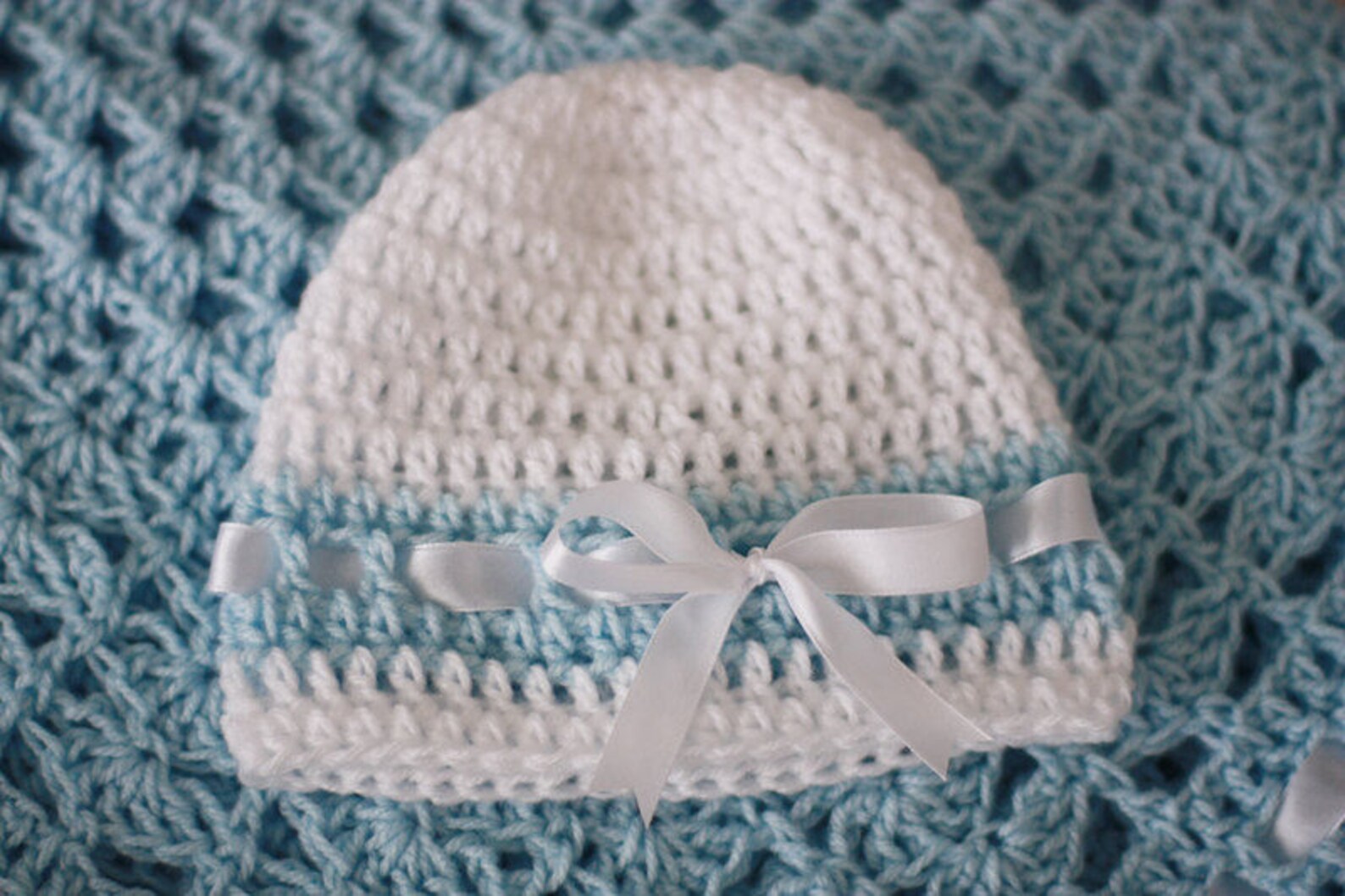 Crochet Baby Blanket and Hat Blue White Satin Ribbon Christening