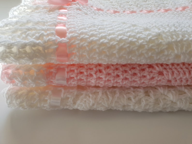 Crochet Baby Girl Set Blanket / Afghan & Booties Pink White Christening